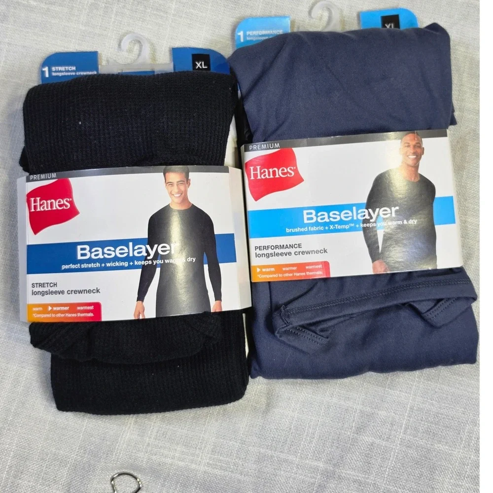 Lot of 2 Hanes Premium Mens Baselayer XL Long Sleeve Crewneck Black Navy Thermal